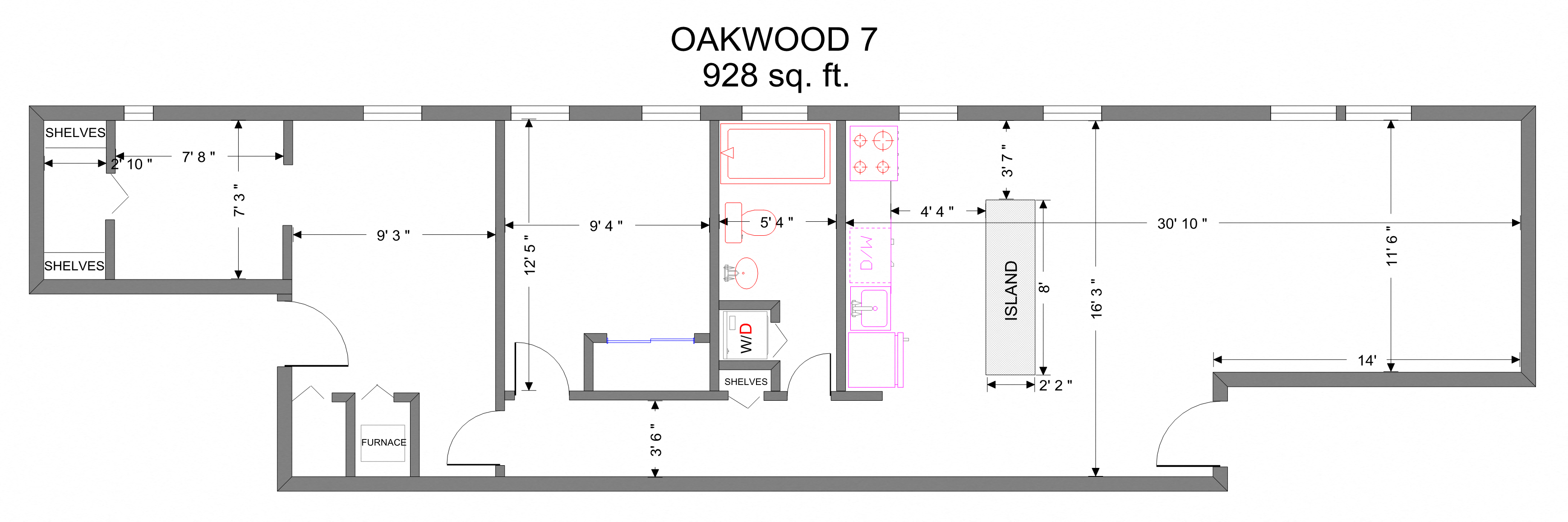 Floor plan layout diagram for Oakwood, 2 Bedroom 1 Bath (Garden)